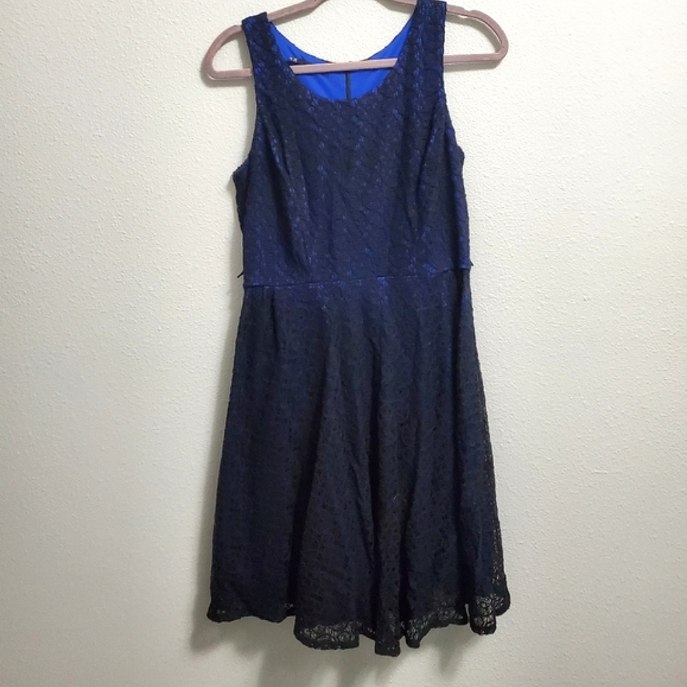 Black Lace over Blue Lining Dress S/M 7/8 A-line